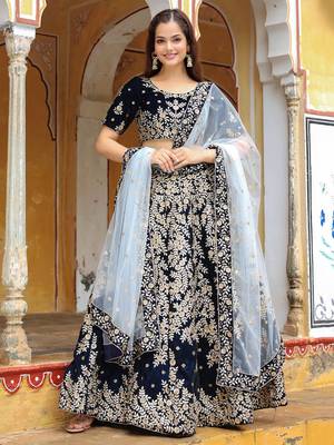 Stunning Navy Blue Embroidered Velvet Wedding Lehenga Choli With Dupatta 1