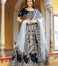Stunning Navy Blue Embroidered Velvet Wedding Lehenga Choli With Dupatta