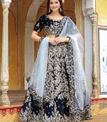Stunning Navy Blue Embroidered Velvet Wedding Lehenga Choli With Dupatta
