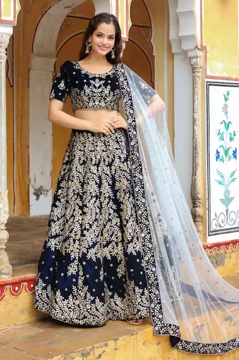 Stunning Navy Blue Embroidered Velvet Wedding Lehenga Choli With Dupatta