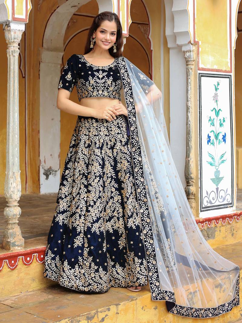Stunning Navy Blue Embroidered Velvet Wedding Lehenga Choli With Dupatta