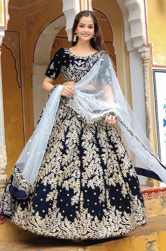 Stunning Navy Blue Embroidered Velvet Wedding Lehenga Choli With Dupatta