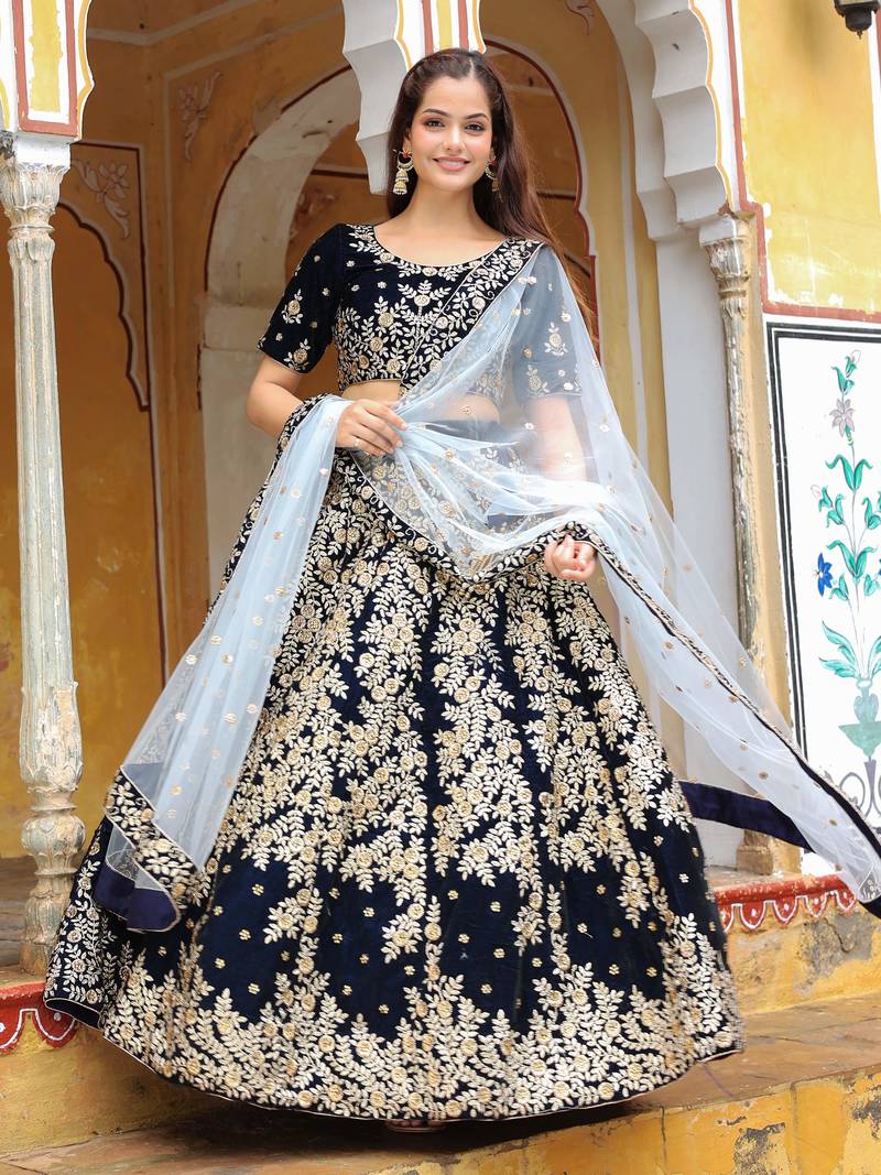 Stunning Navy Blue Embroidered Velvet Wedding Lehenga Choli With Dupatta