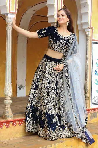 Stunning Navy Blue Embroidered Velvet Wedding Lehenga Choli With Dupatta