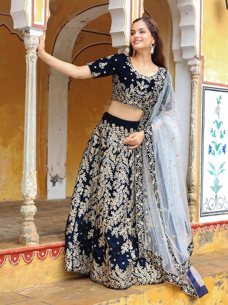 Stunning Navy Blue Embroidered Velvet Wedding Lehenga Choli With Dupatta