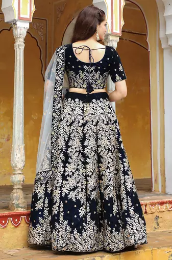 Stunning Navy Blue Embroidered Velvet Wedding Lehenga Choli With Dupatta