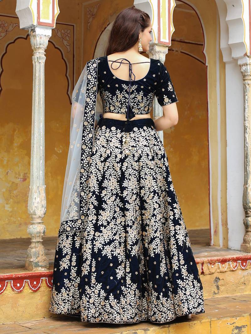 Stunning Navy Blue Embroidered Velvet Wedding Lehenga Choli With Dupatta