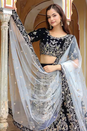 Stunning Navy Blue Embroidered Velvet Wedding Lehenga Choli With Dupatta