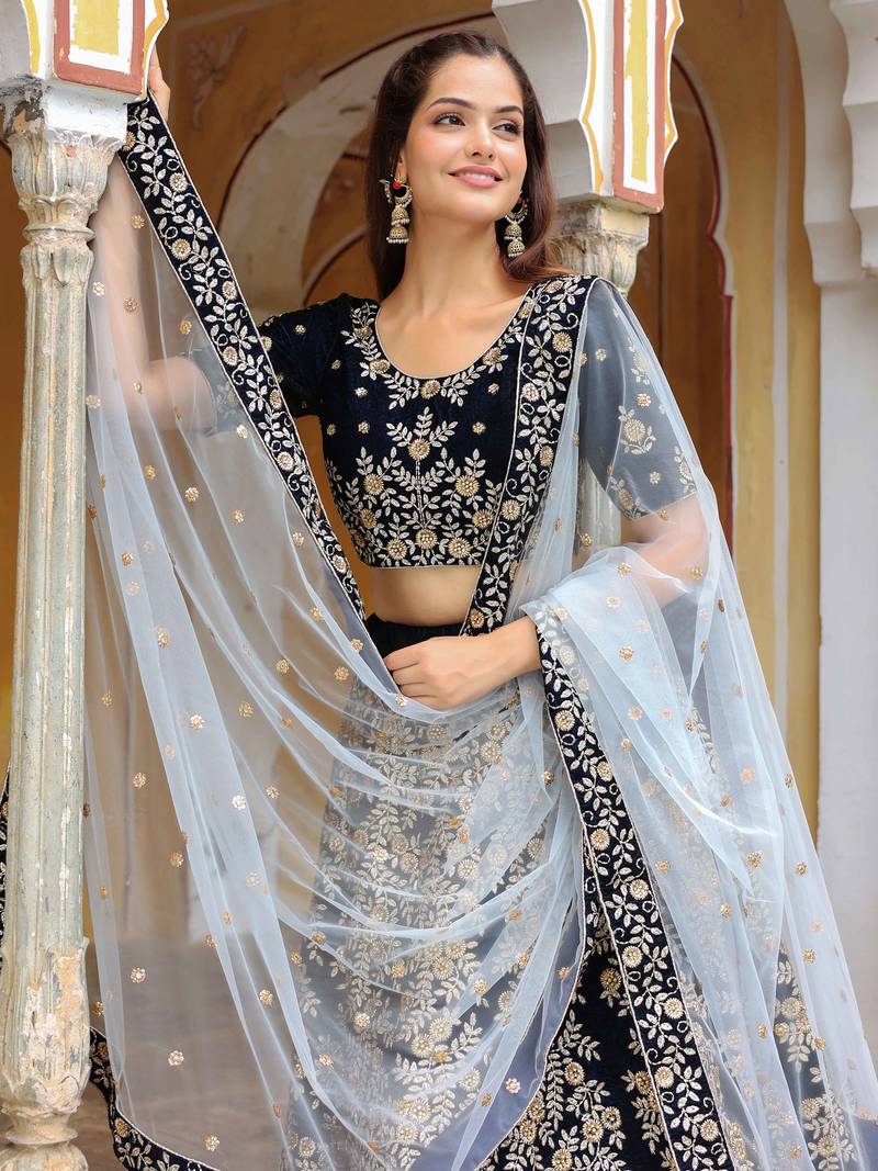 Stunning Navy Blue Embroidered Velvet Wedding Lehenga Choli With Dupatta