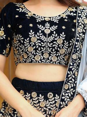 Stunning Navy Blue Embroidered Velvet Wedding Lehenga Choli With Dupatta 8