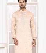 Maahi fabs cotton blend sequence mirror motifs work regular peach festive occasion kurta for men