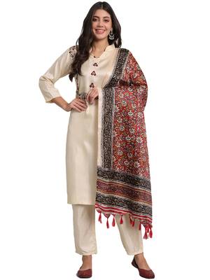 Cream south silk kurti pant dupatta set 1
