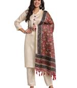 Cream south silk kurti pant dupatta set