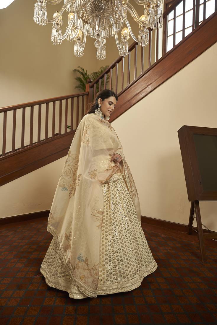 Beige Art Silk Embroidered Sequins Lehenga Set