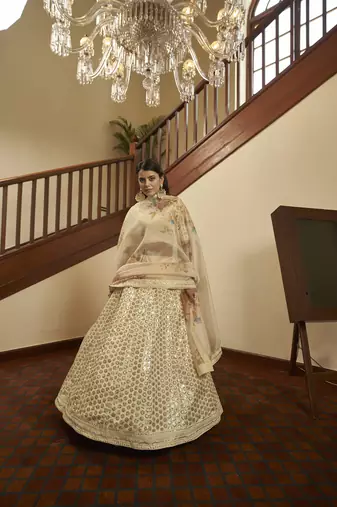 Beige Art Silk Embroidered Sequins Lehenga Set