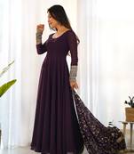 Georgette Fabric Wine Colour 7mtr Falir Maxi Gown With Embroidery Work Dupatta And Pent