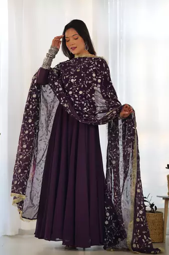 Georgette Fabric Wine Colour 7mtr Falir Maxi Gown With Embroidery Work Dupatta And Pent
