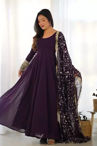 Georgette Fabric Wine Colour 7mtr Falir Maxi Gown With Embroidery Work Dupatta And Pent