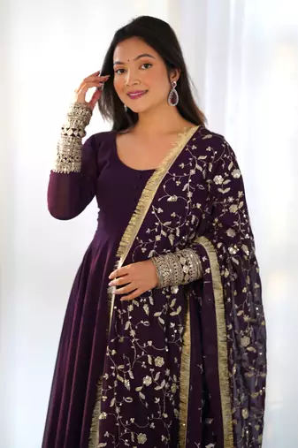 Georgette Fabric Wine Colour 7mtr Falir Maxi Gown With Embroidery Work Dupatta And Pent