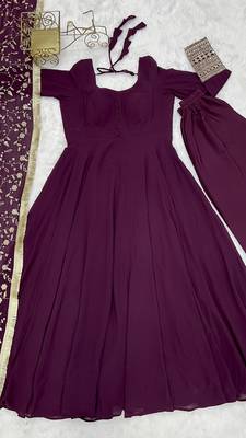 Georgette Fabric Wine Colour 7mtr Falir Maxi Gown With Embroidery Work Dupatta And Pent 5