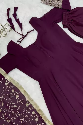 Georgette Fabric Wine Colour 7mtr Falir Maxi Gown With Embroidery Work Dupatta And Pent