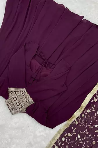 Georgette Fabric Wine Colour 7mtr Falir Maxi Gown With Embroidery Work Dupatta And Pent