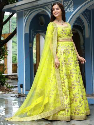 yellow silk sequin and thread embroidery lehenga set choli with dupatta 2