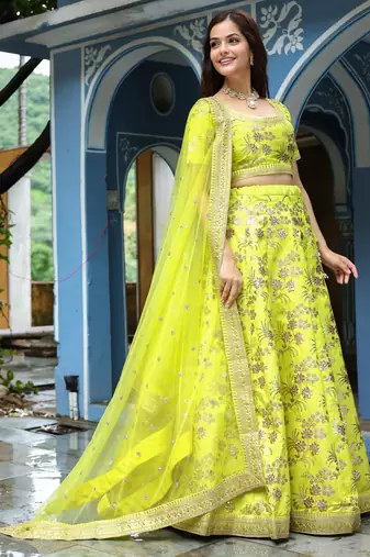 yellow silk sequin and thread embroidery lehenga set choli with dupatta