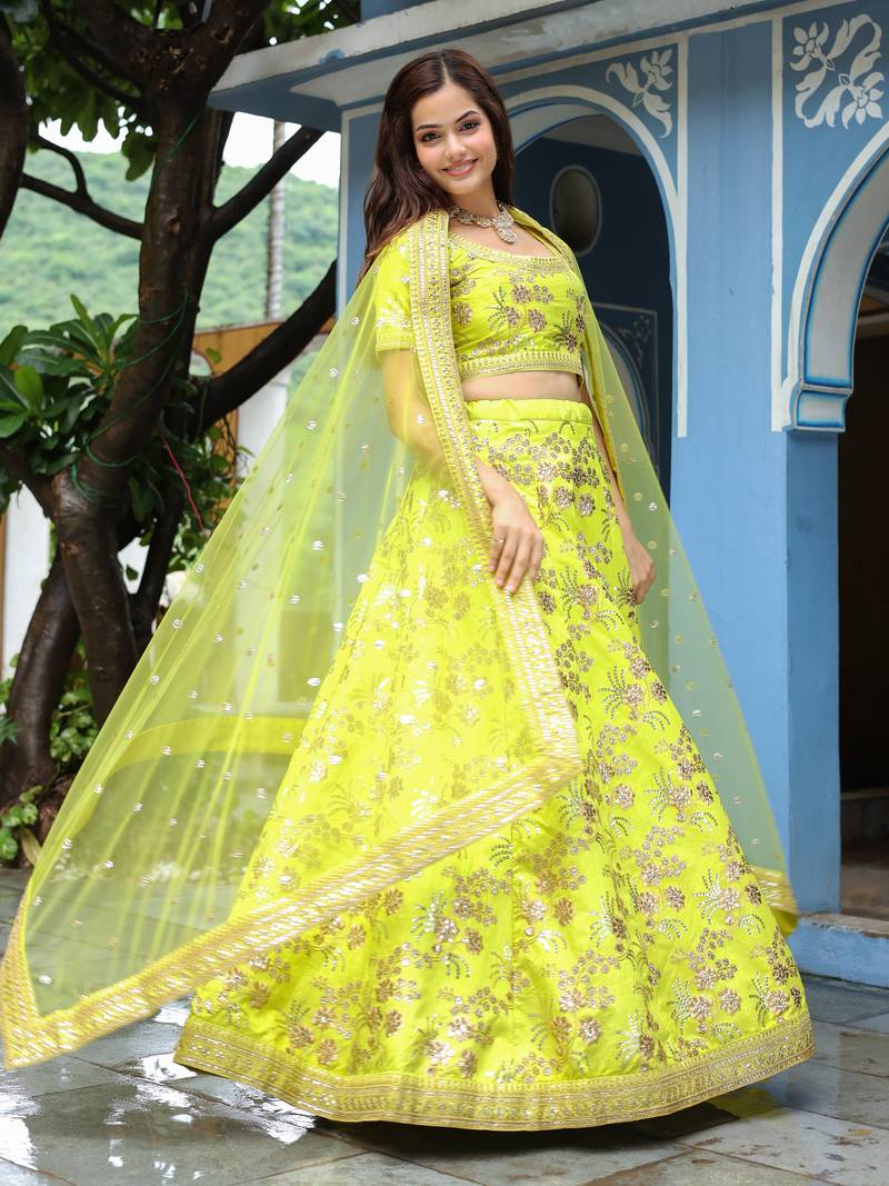 Yellow Silk Sequin and Thread Embroidery Lehenga Choli