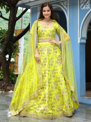 yellow silk sequin and thread embroidery lehenga set choli with dupatta 4