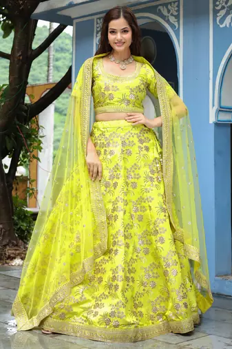 yellow silk sequin and thread embroidery lehenga set choli with dupatta