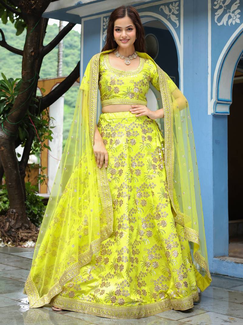 Yellow Silk Sequin and Thread Embroidery Lehenga Choli