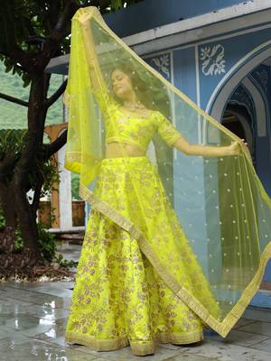 yellow silk sequin and thread embroidery lehenga set choli with dupatta 5