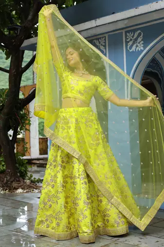 yellow silk sequin and thread embroidery lehenga set choli with dupatta