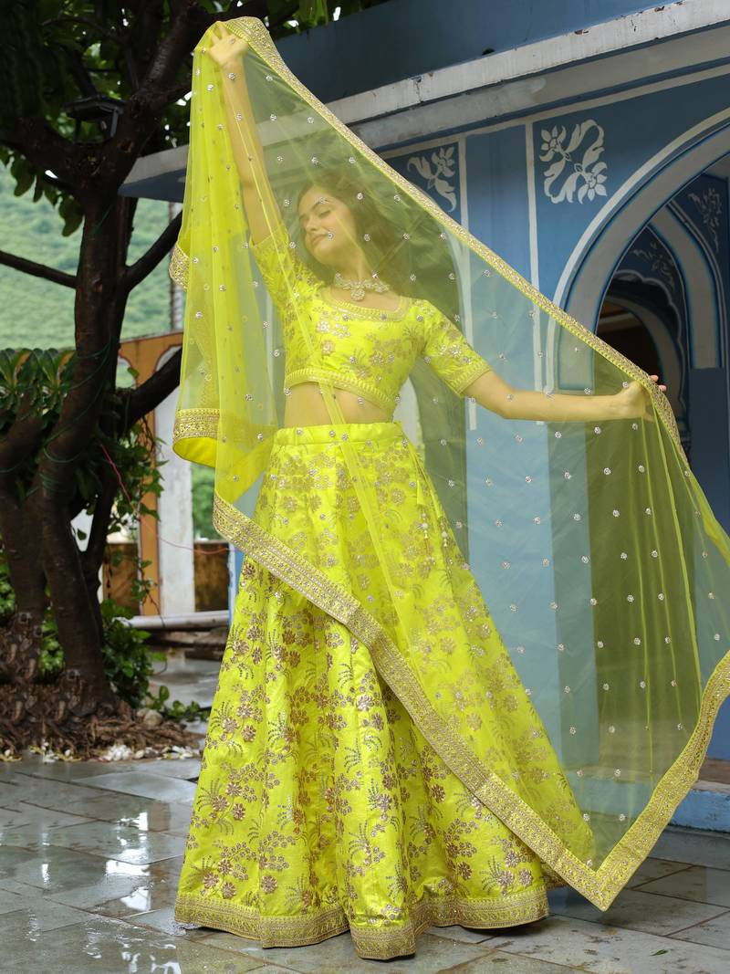 Yellow Silk Sequin and Thread Embroidery Lehenga Choli