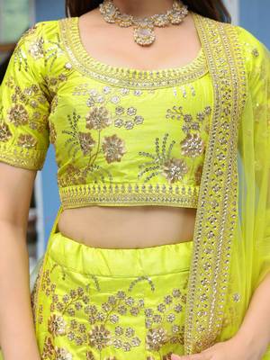 yellow silk sequin and thread embroidery lehenga set choli with dupatta 8