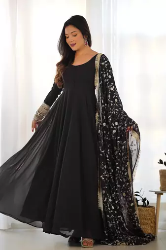Georgette Fabric Black Colour 7mtr Falir Maxi Gown With Embroidery Work Dupatta And Pent