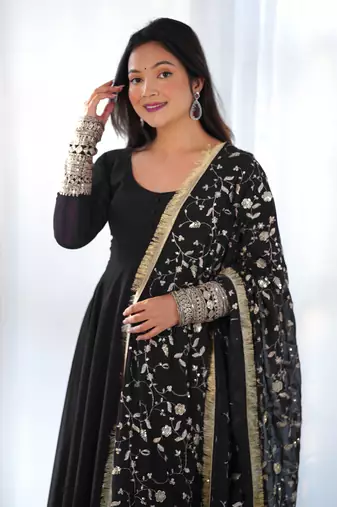 Georgette Fabric Black Colour 7mtr Falir Maxi Gown With Embroidery Work Dupatta And Pent