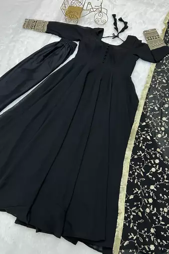 Georgette Fabric Black Colour 7mtr Falir Maxi Gown With Embroidery Work Dupatta And Pent
