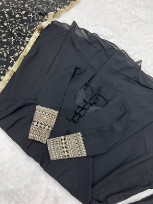 Georgette Fabric Black Colour 7mtr Falir Maxi Gown With Embroidery Work Dupatta And Pent 7