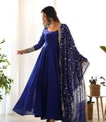Georgette Fabric Royal Blue Colour 7mtr Falir Maxi Gown With Embroidery Work Dupatta And Pent