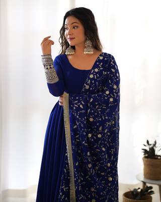 Georgette Fabric Royal Blue Colour 7mtr Falir Maxi Gown With Embroidery Work Dupatta And Pent 4