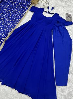 Georgette Fabric Royal Blue Colour 7mtr Falir Maxi Gown With Embroidery Work Dupatta And Pent 5
