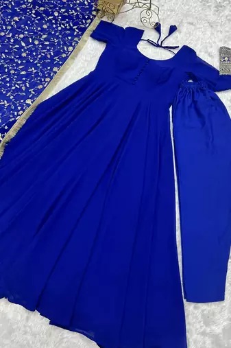 Georgette Fabric Royal Blue Colour 7mtr Falir Maxi Gown With Embroidery Work Dupatta And Pent
