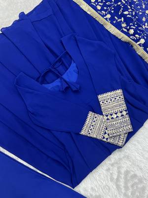 Georgette Fabric Royal Blue Colour 7mtr Falir Maxi Gown With Embroidery Work Dupatta And Pent 7