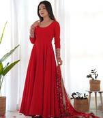 Georgette Fabric Red Colour 7mtr Falir Maxi Gown With Embroidery Work Dupatta And Pent