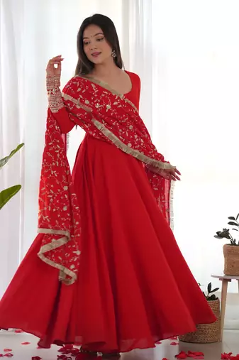 Georgette Fabric Red Colour 7mtr Falir Maxi Gown With Embroidery Work Dupatta And Pent
