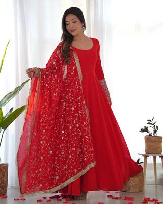 Georgette Fabric Red Colour 7mtr Falir Maxi Gown With Embroidery Work Dupatta And Pent 4