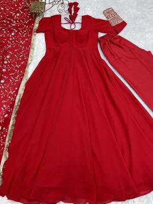 Georgette Fabric Red Colour 7mtr Falir Maxi Gown With Embroidery Work Dupatta And Pent 6