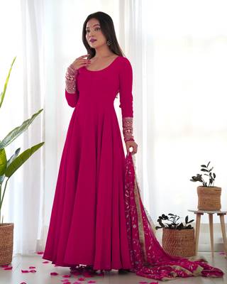Georgette Fabric Rani Pink Colour 7mtr Falir Maxi Gown With Embroidery Work Dupatta And Pent 1